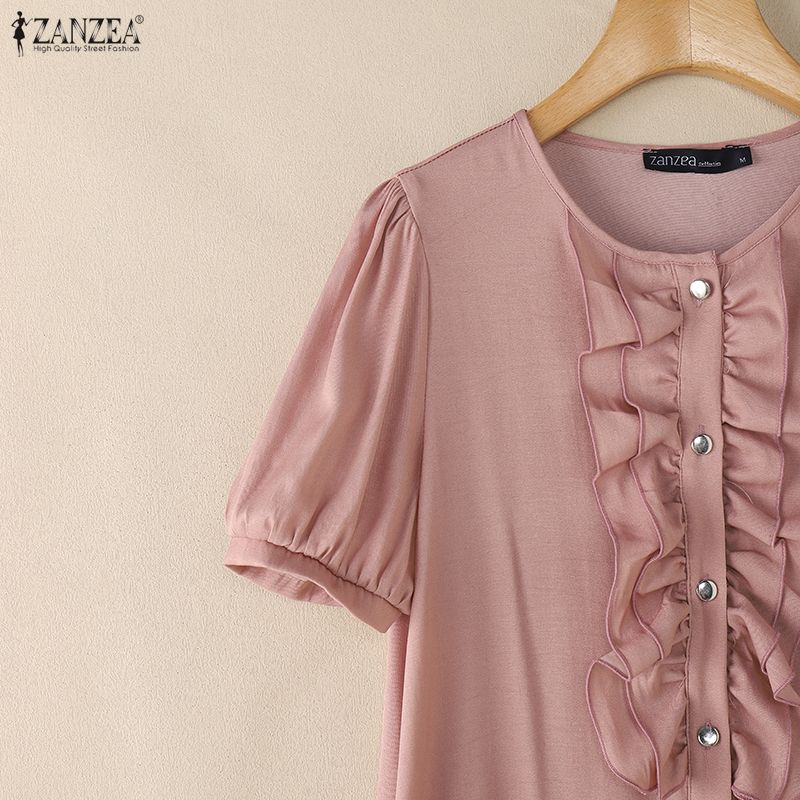 ZANZEA Women Casual Ruffles Splice Round Neck Summer Short Sleeve Dress