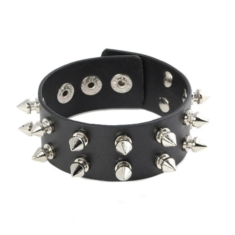 Unisex Gothic Studded Bracelet Pu Leather Adjustable Black Wristband Hip Hop Double-layer Colorful Rock Punk Cuff Bangle