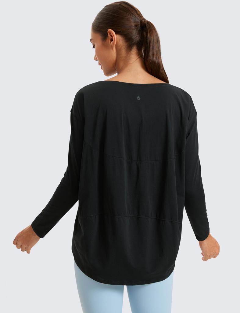 CRZ YOGA Long Sleeve Pima Cotton with Boat Loose Casual Yoga Size Women's T-Shirt Neck, Basic, Fit, Top, Black, M, Spring/Autumn