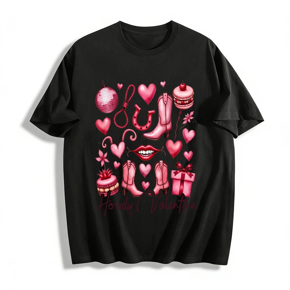 Howdy Valentine Western Style Pink Cowboy Boot Graphic Top Pure cotton T-shirt XXS