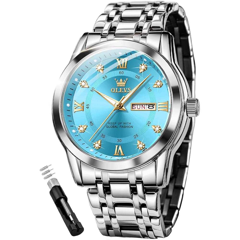 OLEVS Women s Luxury Quartz Watch Ceramic Strap Diamond Elegant Waterproof Date Silver Band Blue Dial Dress Bracelet Set