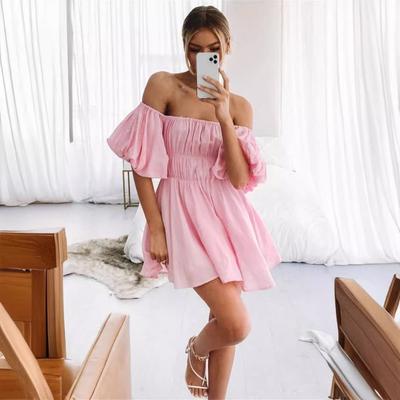 Women's Sexy One Neck Strapless Bubble Sleeve Elastic Waist Fresh Sweet Swing Dresses