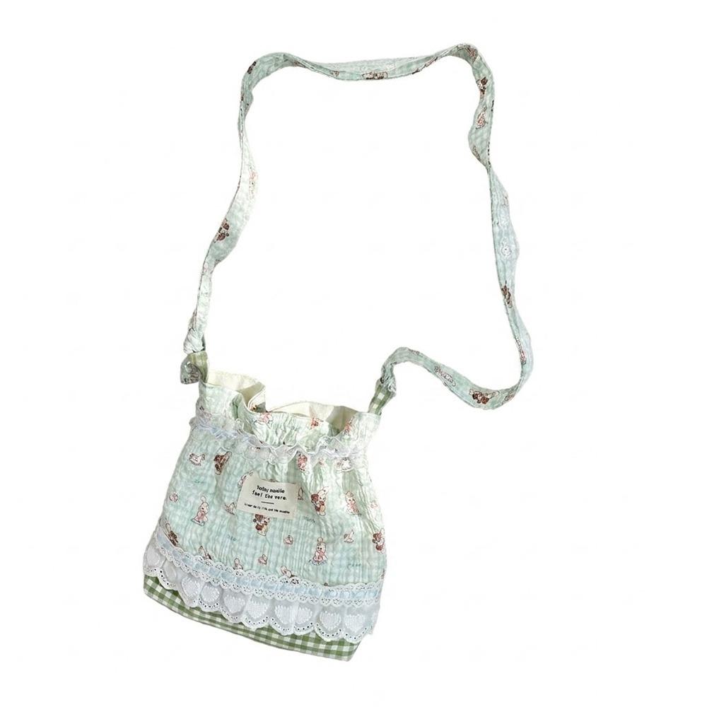 Floral Plaid Lace Shoulder Bags Cartoon Pattern Multicolor Drawstring Shoulder Bags Canvas Long Belt Crossbody Bag Daily Use