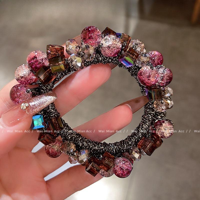 1PC high-end fuchsia head flower crystal hair band women's ponytail headrope 2025 new ball head tie hair rubber band hair accessories