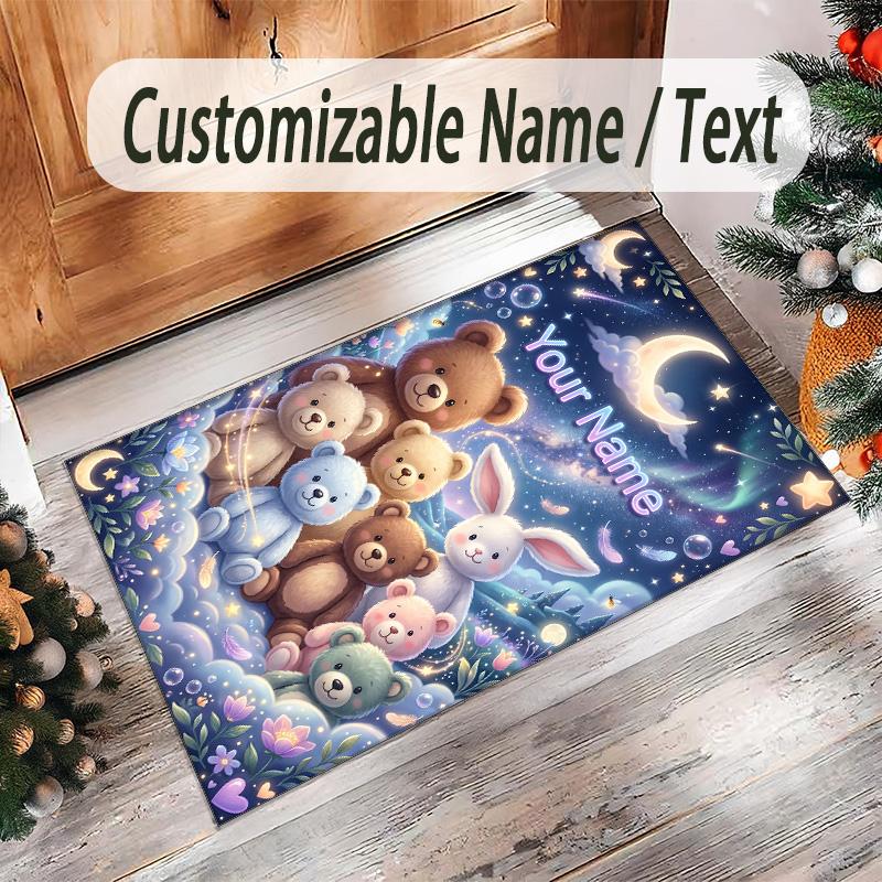 Teddy Bear Theme Crystal Velvet Rug Personalized Custom Name Text Soft Floor Mat Home Decor