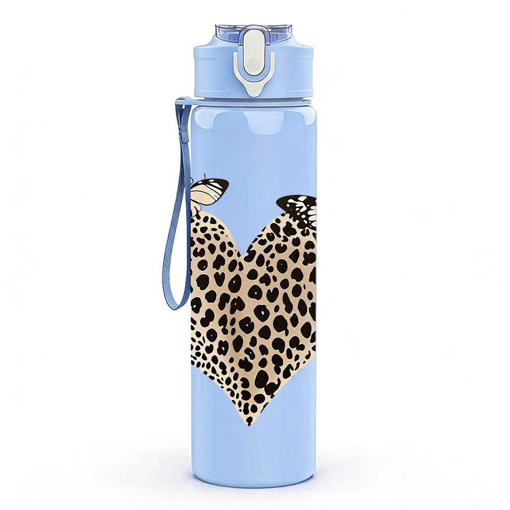 1PC Leopard Butterfly Heart Graphic,750ml Color Plastic Sports Water Bottle,Leakproof Flip Straw Lid,Suitable for Sports Office Home Use