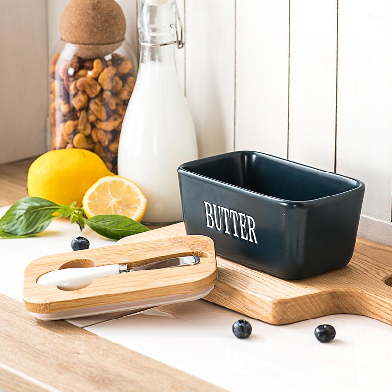 Ceramic Butter Box Rectangle Butter Sealed Box Butter Cutting Refrigerated Box Cheese Storage Box With Wooden Cover