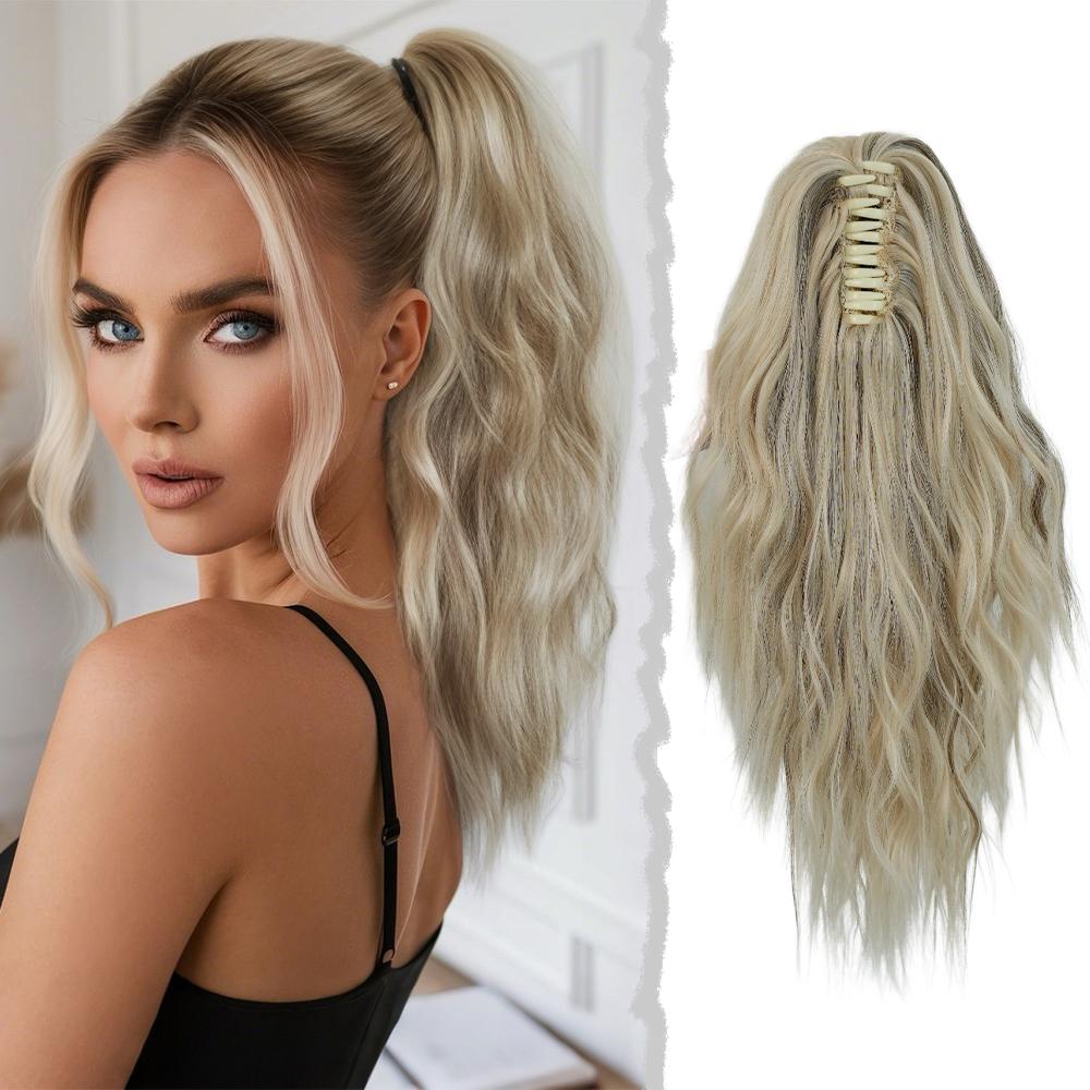 18 Inch Women's Lilac Highlight Natural Wave Drawstring Adjustable Size Black Synthetic Hair Beige Clip Portable Easy Ponytail