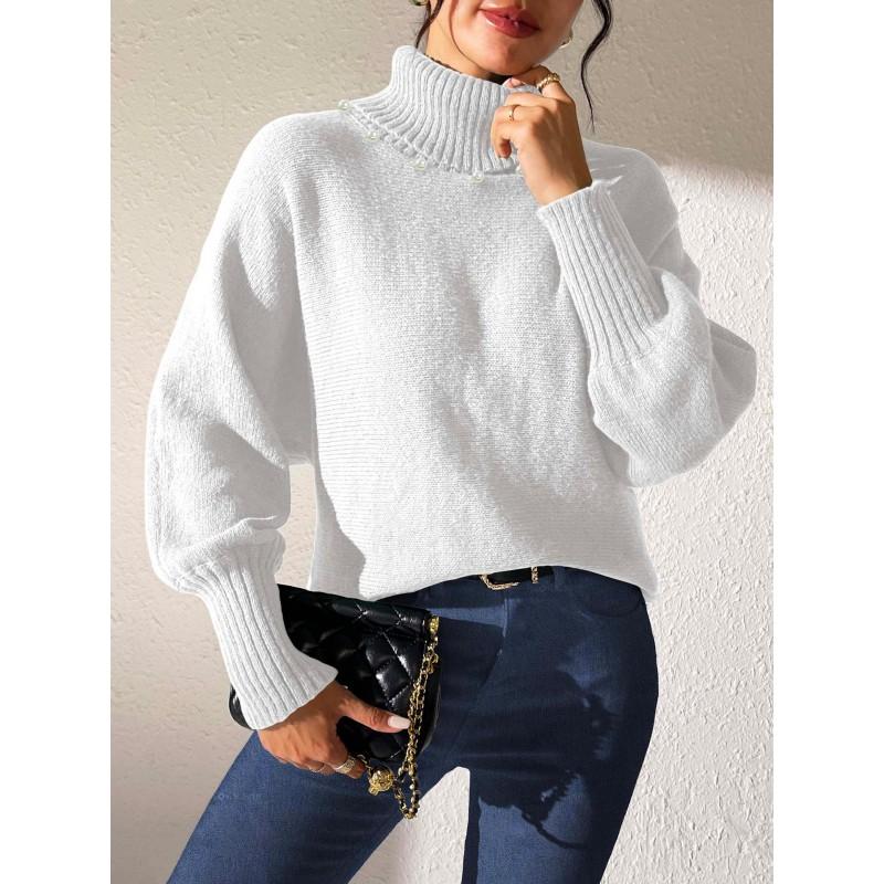 Womens High Neck Knit Sweater Solid Color Pearl Embellished Long Sleeve Pullover Winter Casual Streetwear