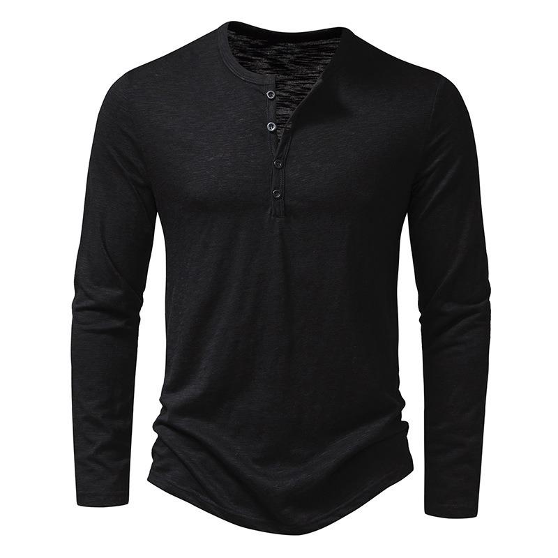 Mens Loose Slub Cotton Henley Collar Long Sleeve Casual T Shirt