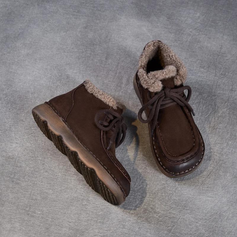Johnature Zimowe Grube Pluszowe Ciepłe Bawełniane Buty Skóra Naturalna Retro Wygodne Miękka Podeszwa Damskie Płaskie Botki