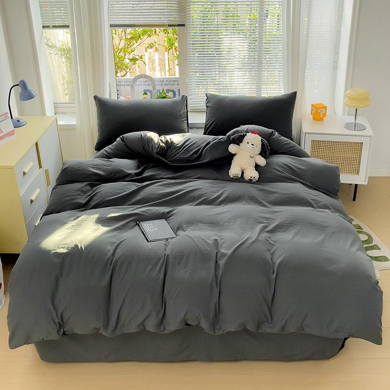 Solid Color Spliced Washed Cotton Bedding Set Moisture Absorbing Breathable Bed Sheet Envelope Pillowcase Dust Proof Mattress Protective Cover