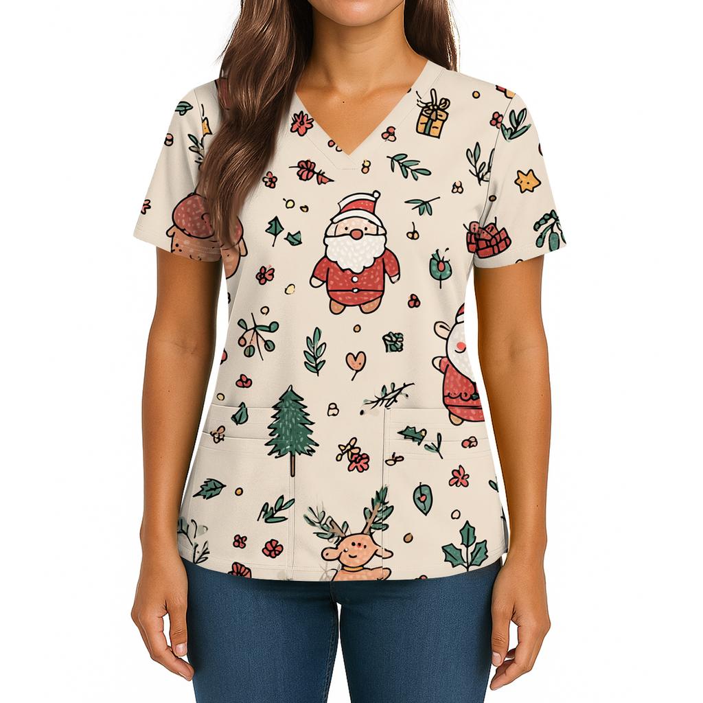Women's Christmas Print V-Neck Double Pocket Short Sleeves Hem Slit Uniform And Caregiver Top