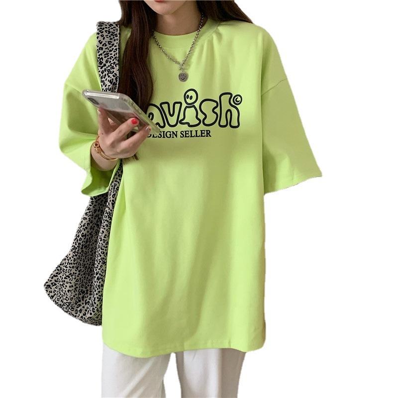 Summer New Loose Round Neck Personalized Letter Printing Thickened Polished Medium and Long Sleeve T-shirt Top Women
