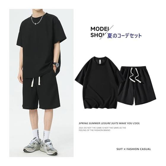 [ANONIE] Jersey Men's Top and Bottom Set, Summer Clothing, T-Shirt, Men's Short Sleeve, Half Pants Setup, Summer, Plain, Casual Sweatshirt, Top and