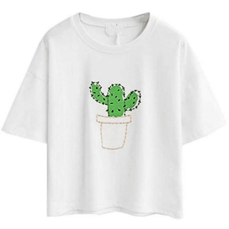 Damen Sommer Neu Einfach Kurz Kaktus Stickerei Kurzarm Nabel Baumwoll-T-Shirt