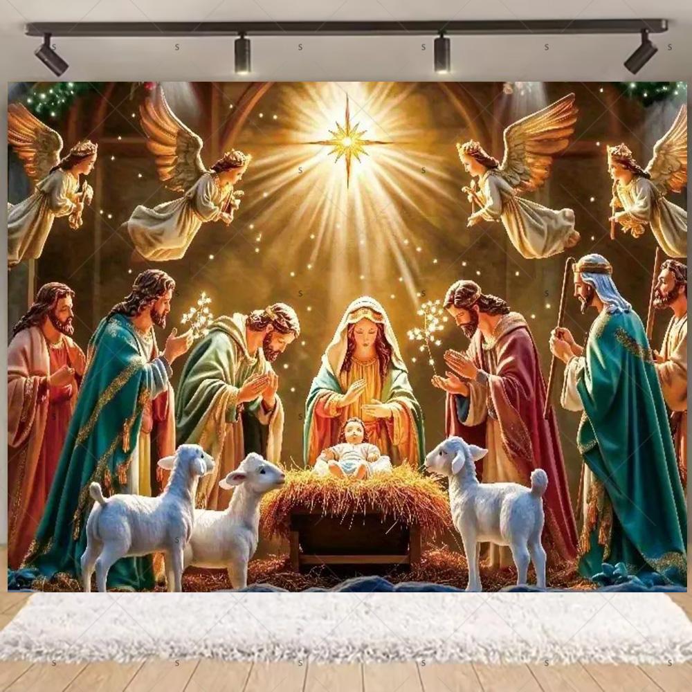 Nativity Scene Background Banner Starry Night Traditional Christmas Religious Jesus Backdrop Supplies Christmas Party Decoration