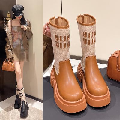 Fashion High-quality Autumn Ankle Boots Women's Winter Knitted Mid-tube Boots Platform Heeled Spring Round-toe Boots