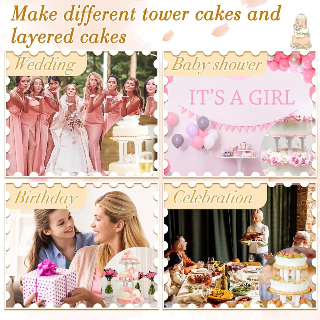 27-Piece Cake Tier Stacking Kit - Includes 12 Roman Columns (3 Sizes), 6 Cake Boards (12/16/20cm), and 9 Dowel Rods for Wedding and Tiered Cakes