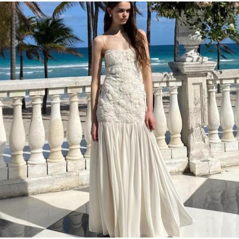 3D Flower Patchwork Long Dress Women Spaghetti Strap Sleeveless Backless Elegant Evening Dresses
