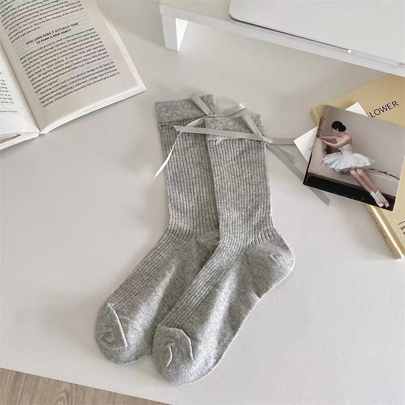 Boneless Heel Bow Solid Color Sweet Mid-calf Socks, Versatile, Pile Socks for Girls