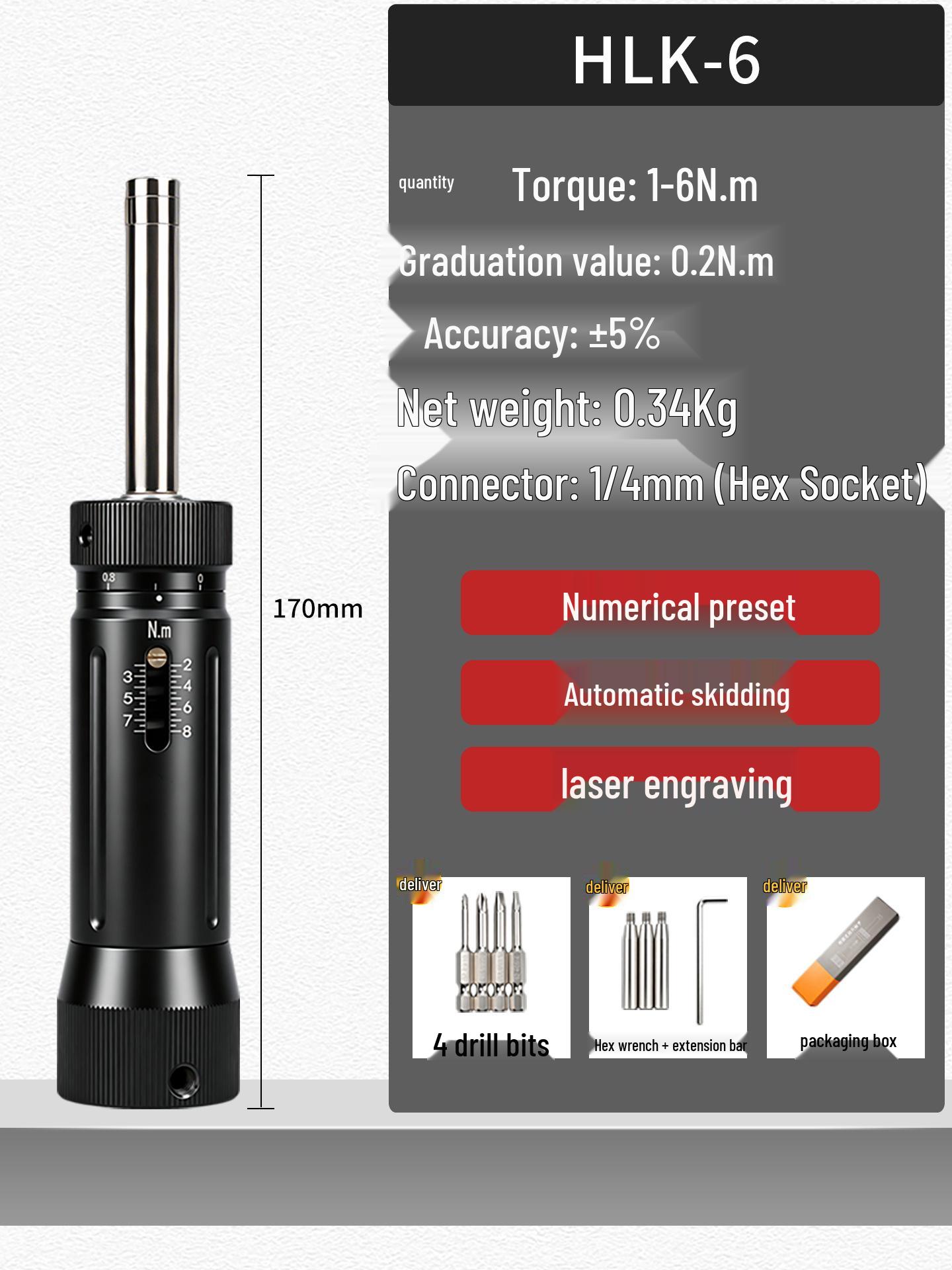 Adjustable Slip Torque Screwdriver HLK-6-8Nm with Bit Holder