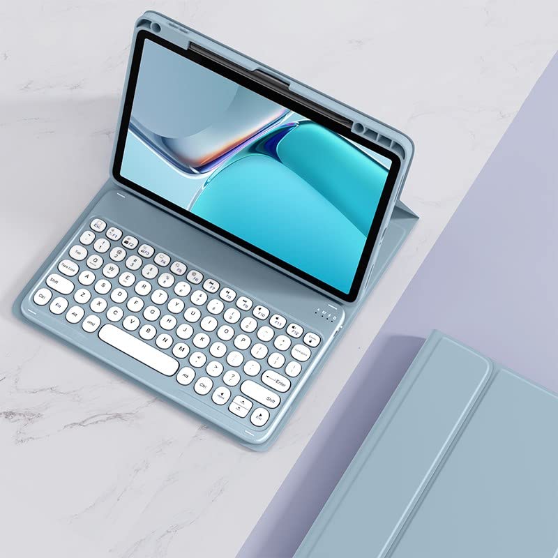 Husă Tastatură Rotundă pentru iPad cu Creion Design Drăguț pentru iPad Air Tastatură Bluetooth Detașabilă Culoare Albastru 10,2 inch (Generația a 9-a/8-a/7-a),