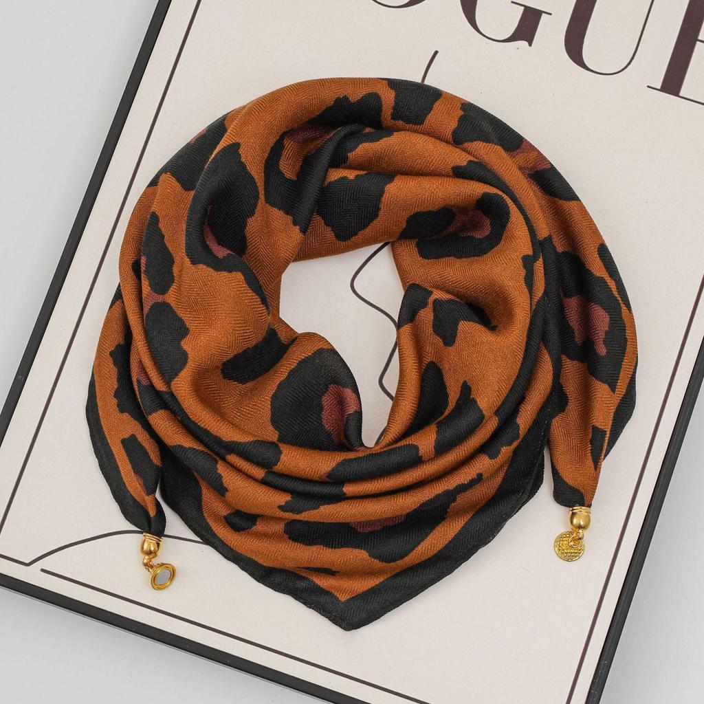 Women's 65" Silk Square Scarf with Magnetic Buckle – Autumn/Winter Print, Fashionable & Versatile Triangle Snood
