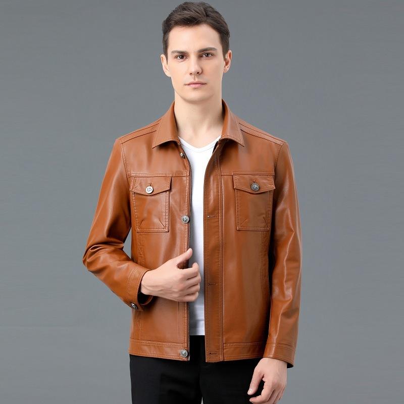 Luxurious New Men's Leather Jacket Autumn and Winter New Men's Handsome Leather Jacket with Pockets Korean Style Lapel Jacket