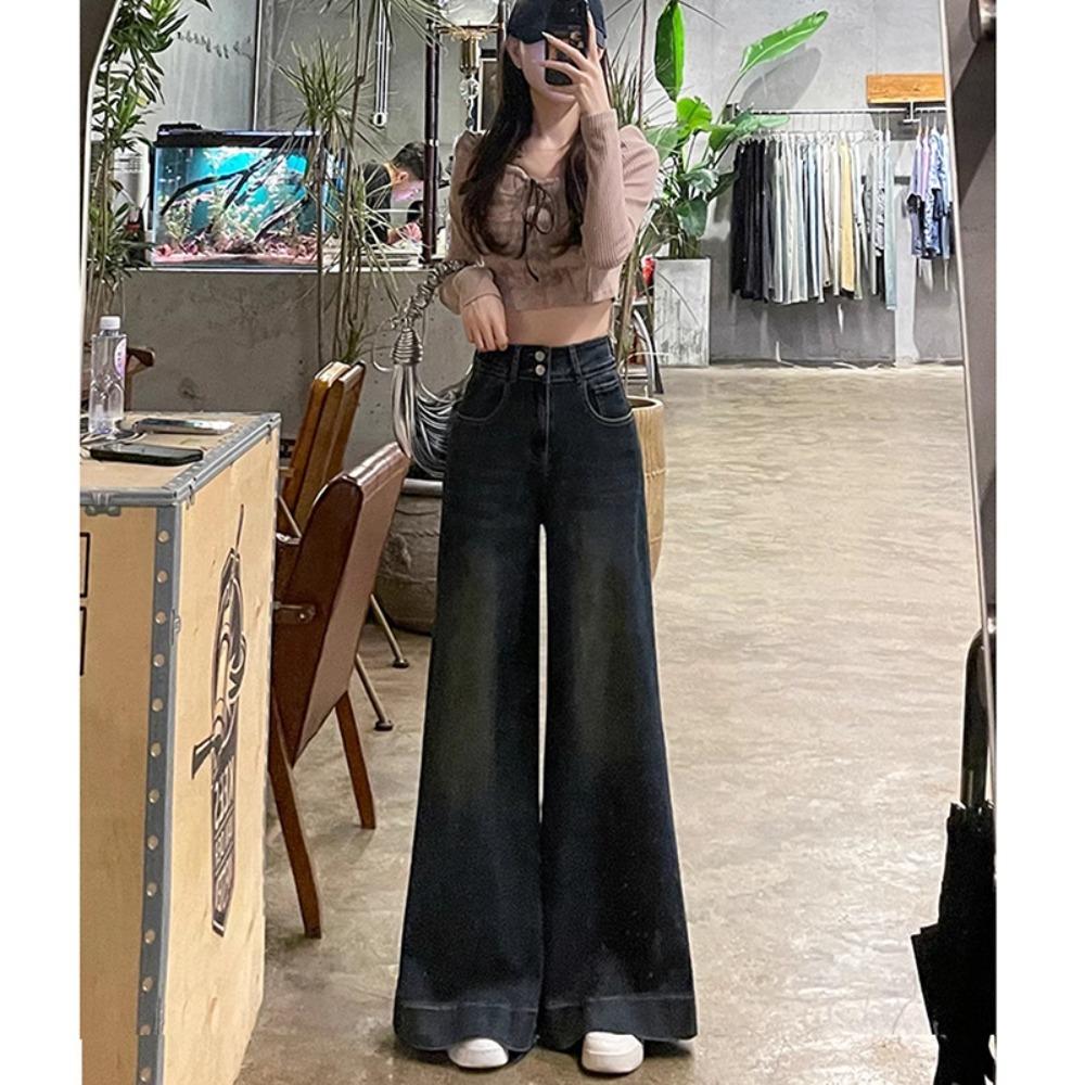 Trendy personalizované džíny se širokými nohavicemi na dva knoflíky, dámské jarní a podzimní nové kalhoty k podlaze, džíny se širokými nohavicemi s vysokým pasem, vlna