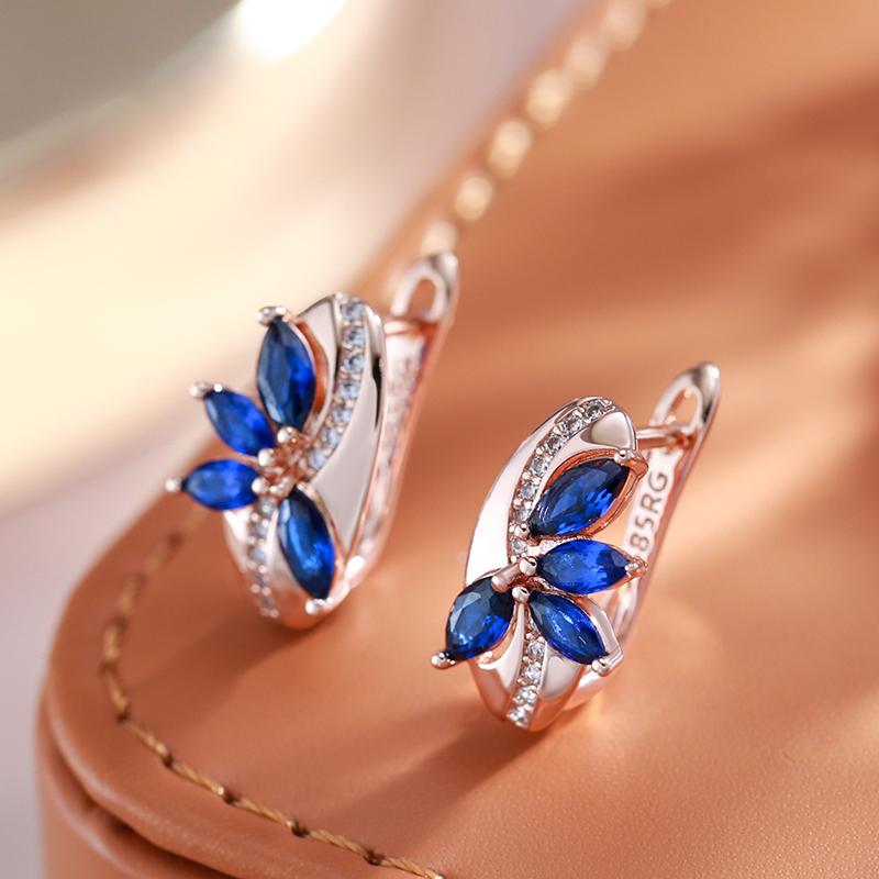 New Blue Natural Zircon Flower Drop Earring For Women  Rose Gold Vintage Ethnic Bride Wedding Jewelry Party Accessories