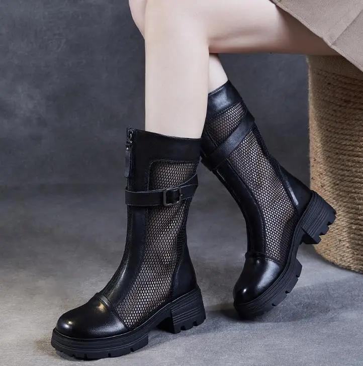 High Quality 5.5CM Air Mesh Genuine Leather Women Hollow Ankle Booties Sandals Shoes Platform Wedge Breathable Summer Fashion