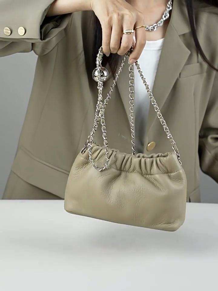 Genuine Leather Bag 2026 Popular Chain Armpit Bag Women's Cloud Pleated Bag Women's Bag Cowhide One-shoulder Crossbody Bag Gold Ball Chain