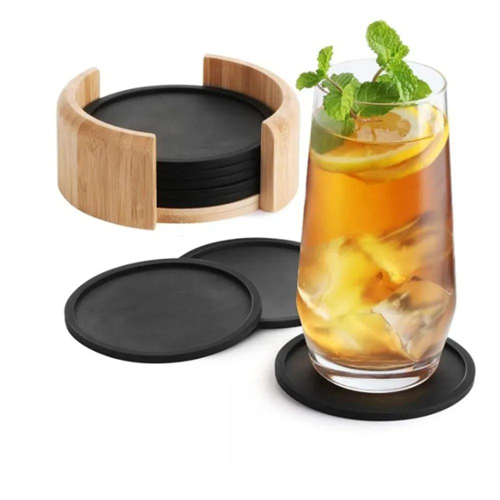4pcs Functional 10cm Cup Mat Black Round Shape Silicone Coaster Non-Slip Surface Heat Resistant Table Placemat Tabletop