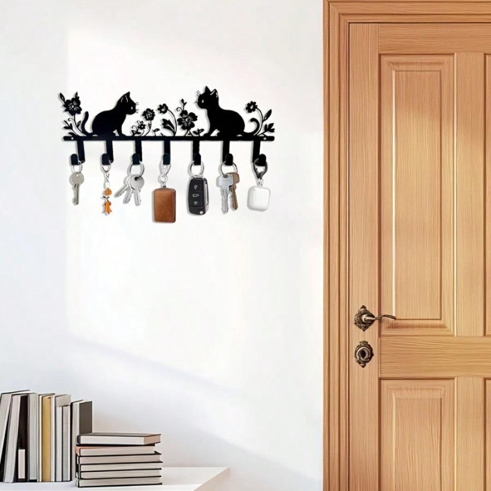 Metal Wall Hook Decorative Key Holder Cute Cat Flower Keychain Lacquered Finish Easy Install