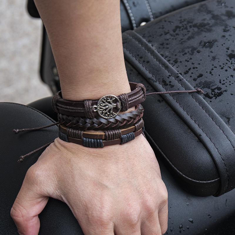 Cross-border E-commerce Exclusive Vintage Multi-layer Braided Strands Men's Cowhide Genuine Leather Alloy Tree Life Bracelet