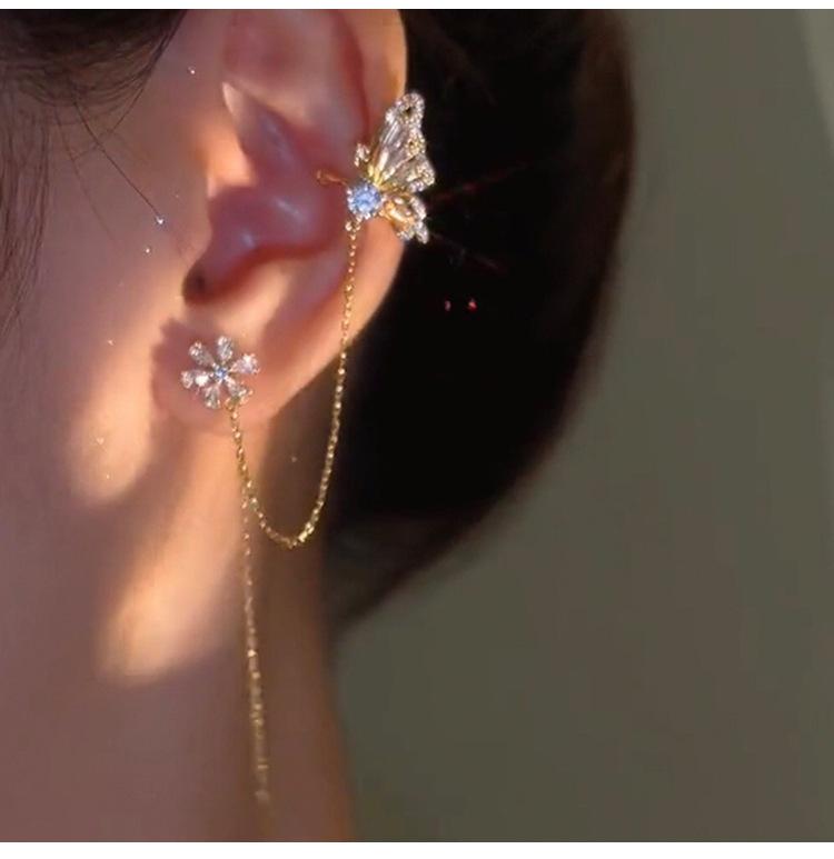 Second-line integrated butterfly love flower earbone clip earrings niche design high-end light luxury earclip temperament fringed earrings