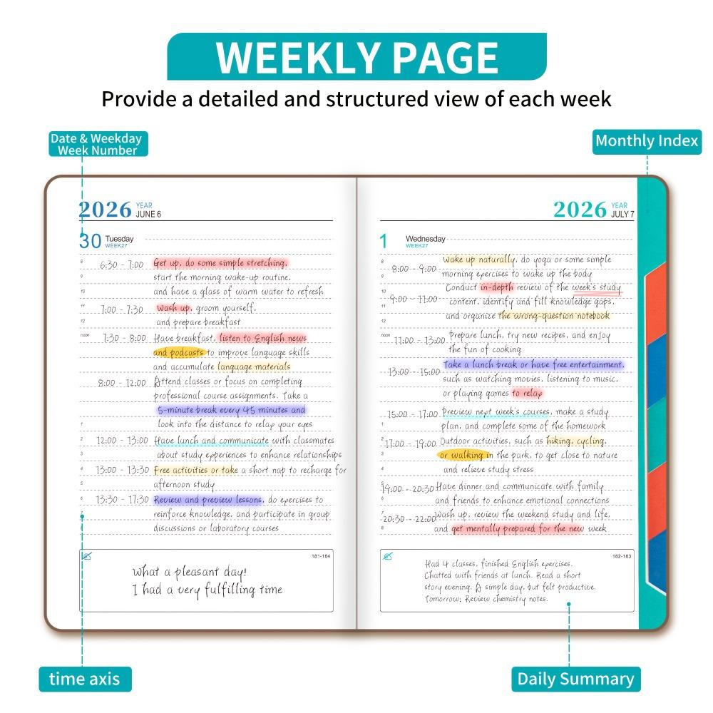 Planerbuch, Selbstdisziplin Kalenderplaner, Wöchentliche & Monatliche Planer-Layouts, 360-seitiger Tagesorganizer, Tragbares Notizbuch