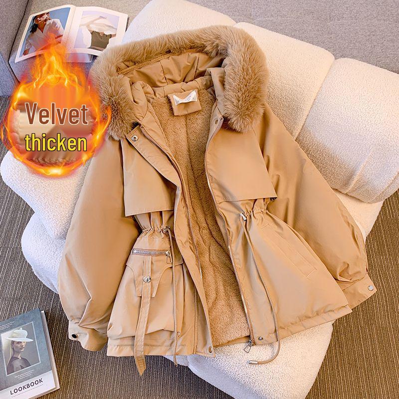 Women's Mid-Length Winter Cotton Coat with Genuine Fur Collar and Thick Velvet Padding