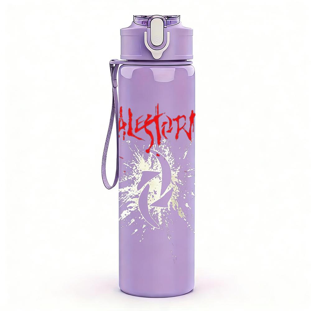 1PC Faint vintage band sketch print 750ml colorful plastic sports water bottle leakproof pop up lid with straw for outdoor work home use