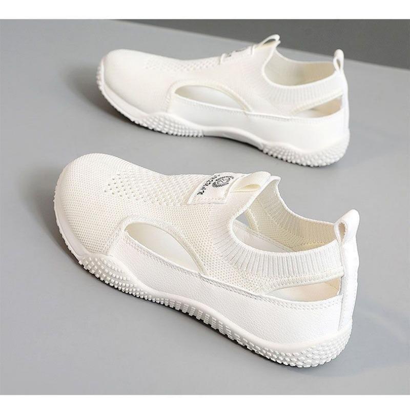 

Летние туфли на педалях с полым верхом из летящего трикотажа 2025 Новые универсальные ленивые дышащие туфли на мягкой подошве для бега и спорта 40 белый