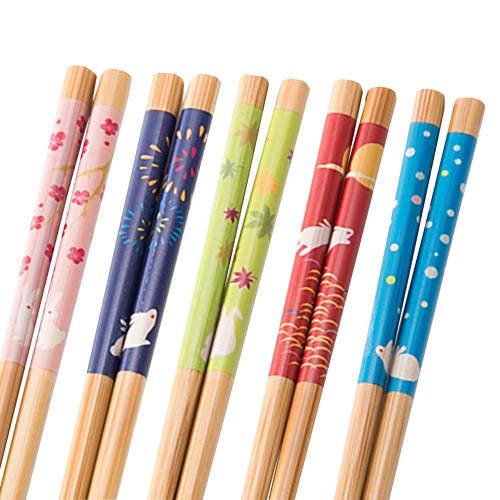 Asahi Koyo Chopsticks, 22.5cm, Pink/Purple/Green/Red/Blue, Pack of 5, Non-Slip, Made In Japan, Wooden, Soot Bamboo, Four Seasons Rabbit Design, T-11