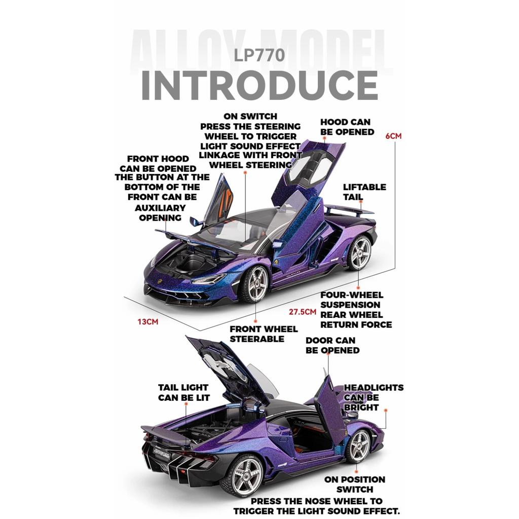 1/18 Lamborghini Scale Centenario LP770-4 Super Racing Car Alloy Metal Diecast Model High Simulation Sound & Light Gift for Boy