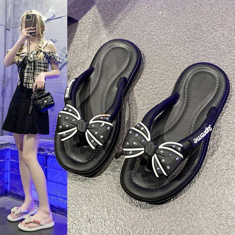 Cute one-pedal flip-flops woman 2025 summer and autumn new fashionable versatile non-slip seaside bow slippers outer wear
