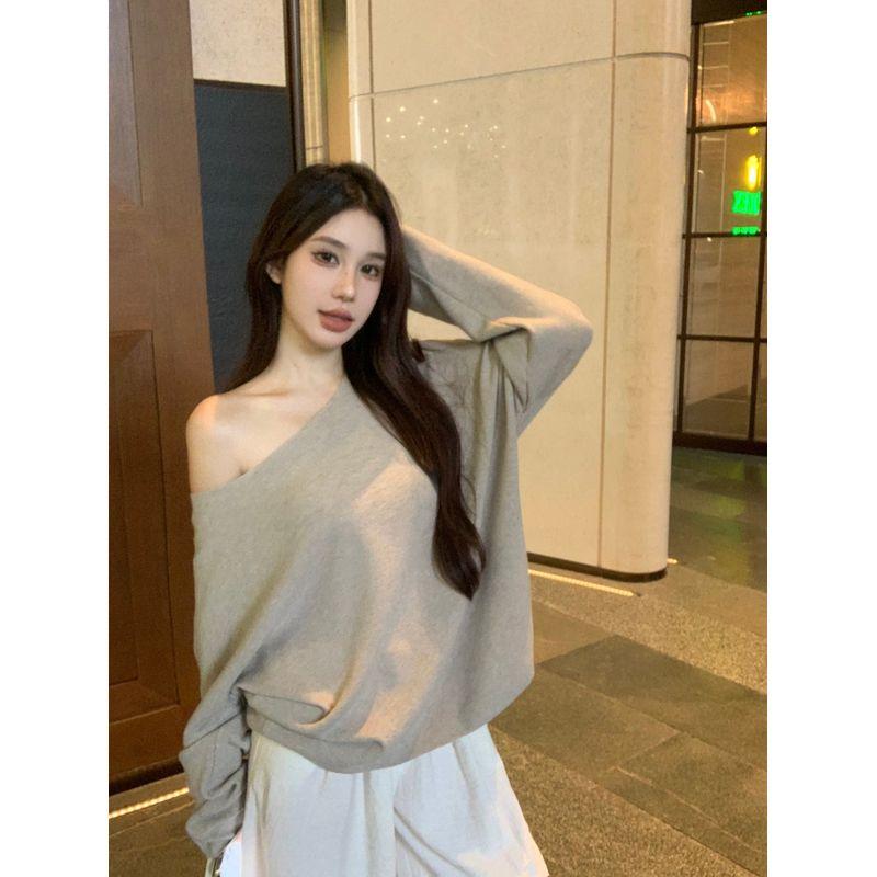 Loose Slim Looking Casual off-the-Shoulder Knitting Short Sleeve T-shirt