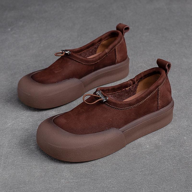 Johnature Retro originálna koža Dámske nazúvacie ploché topánky s okrúhlou špičkou a hrubou podrážkou Pohodlné topánky na platforme