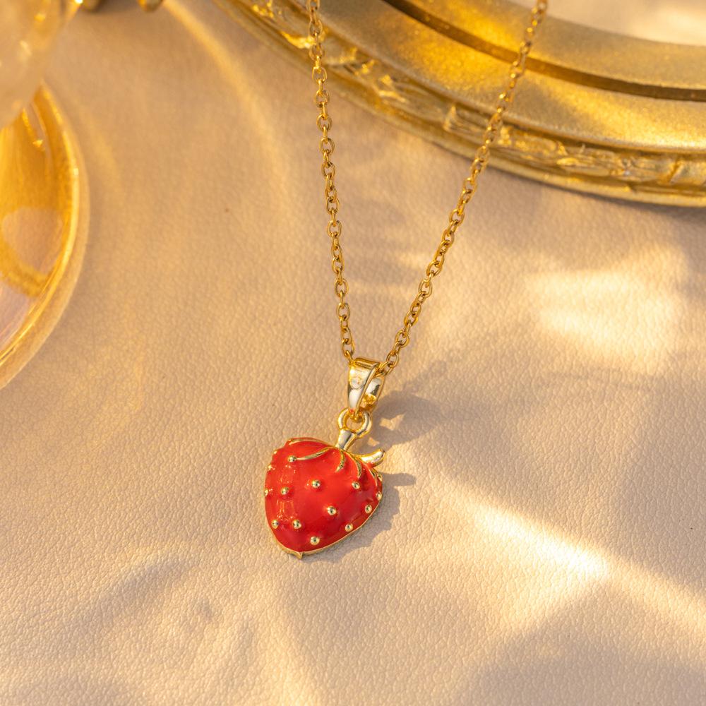 Women Girls Sweet Cute Strawberry Series Pendant Necklace Stainless Steel Chain Lovely Strawberry Fruit Jewelry Accessories Gift
