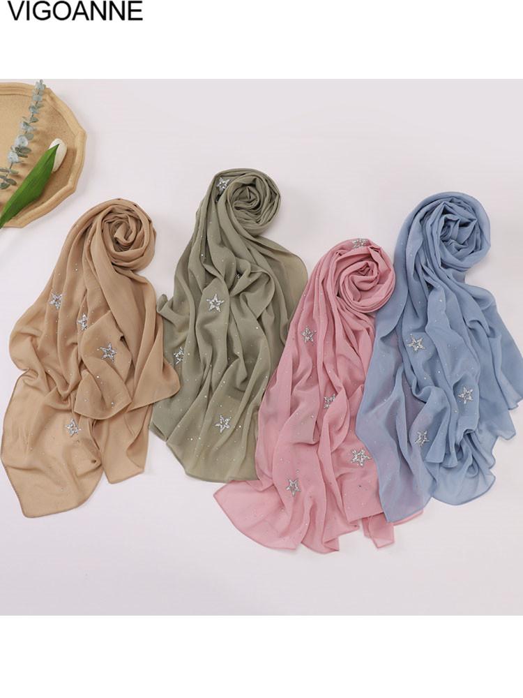 VigoAnne 2025 Lady Muslim Pentagram Hot Stamping Hijab Shawls Women Plain Scarf Chiffon Solid Islamic Turban Headband 175cm*70cm