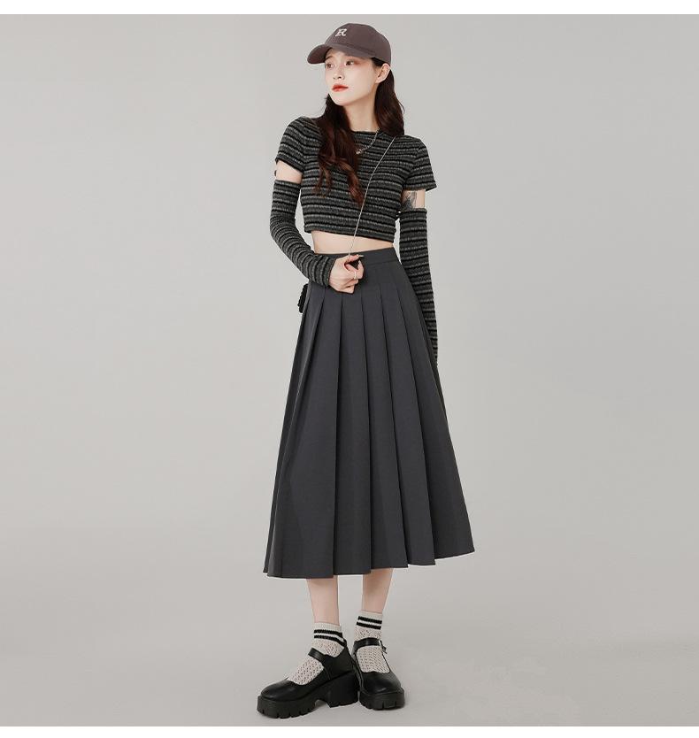 Gray Korean-Style High-Waisted Pleated Midi Skirt for Petite Women: Spring/Autumn A-Line Umbrella Design