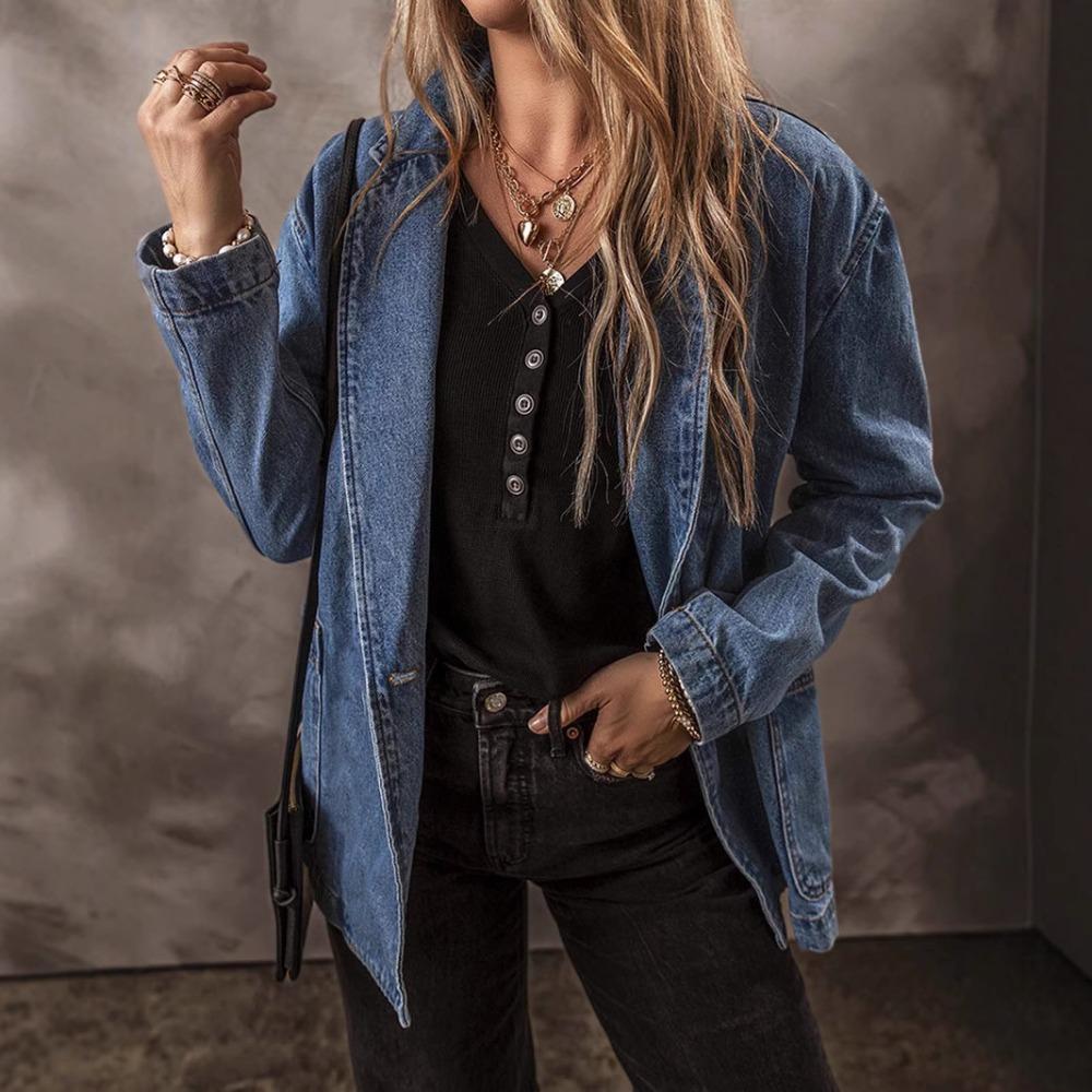 Women's Notched Lapel Long Sleeve Loose Fit Solid Denim Blazer Jacket for Casual